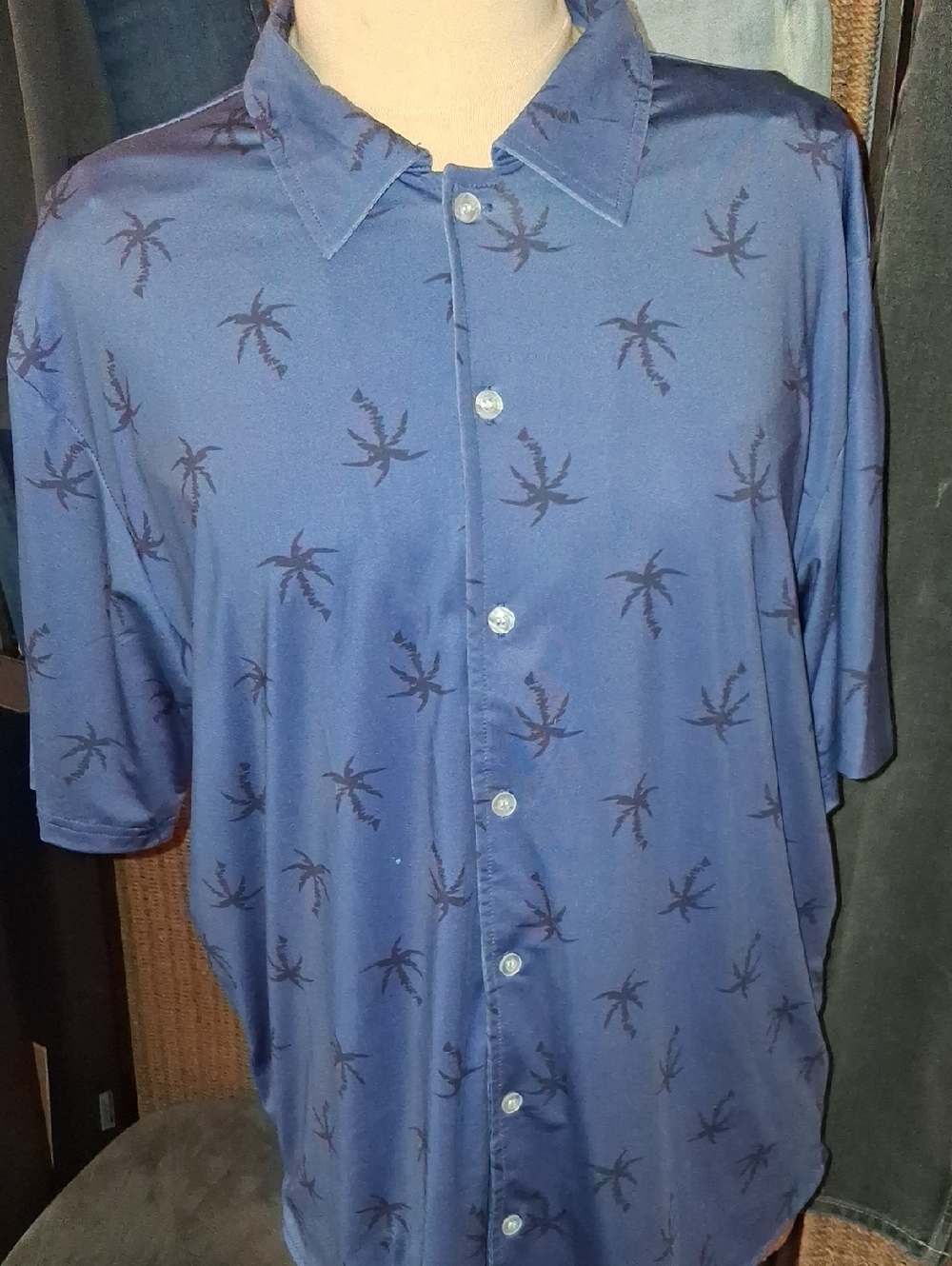 Blue Palm-Print Short Sleeve Button-Up Men's Shirt